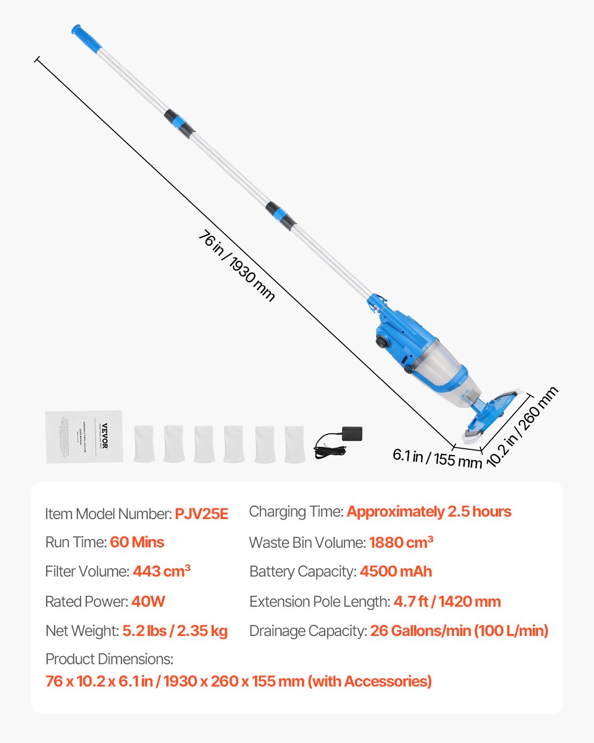 VEVOR Cordless Handheld Pool Cleaner (100 L/min) for Hot Tubs with Extension Pole, Rechargeable Pool Cleaner, Runs Up To 1 Hour, for Above Ground/In-Ground Pool Spas
