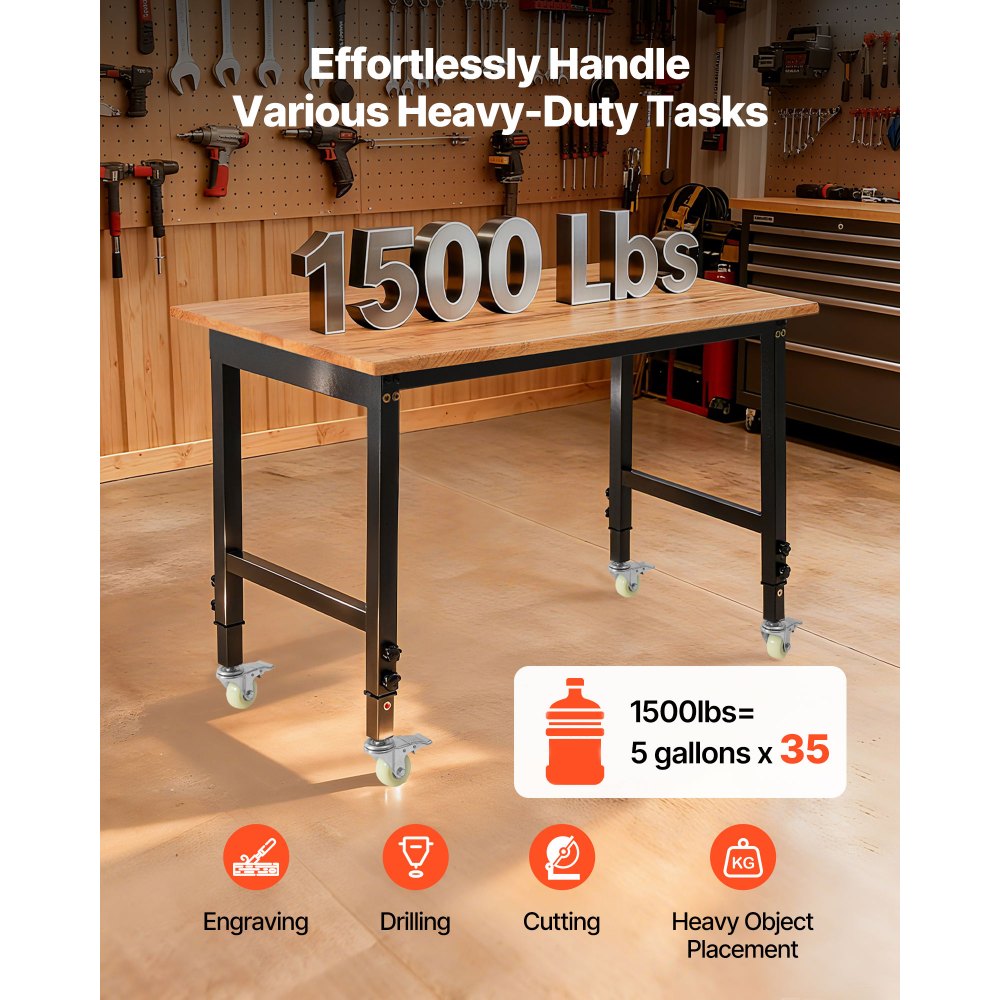 VEVOR Banco da Lavoro con Ruote Capacità 680 kg con Piano in Legno di Quercia da 122 x 60 cm con Regolazione dell'Altezza da 72,5 a 107,5 cm, Tavolo da Lavoro in Legno Massello Resistente per Garage