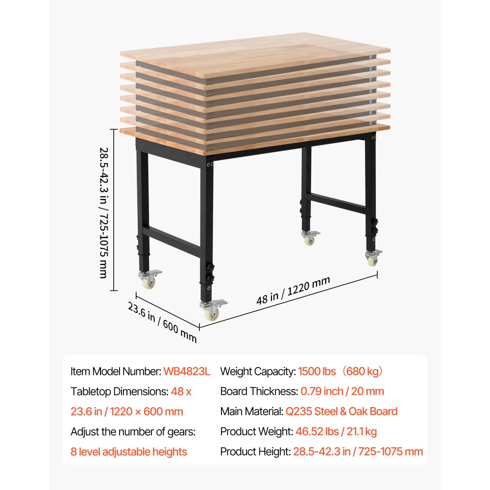 VEVOR Banco da Lavoro con Ruote Capacità 680 kg con Piano in Legno di Quercia da 122 x 60 cm con Regolazione dell'Altezza da 72,5 a 107,5 cm, Tavolo da Lavoro in Legno Massello Resistente per Garage