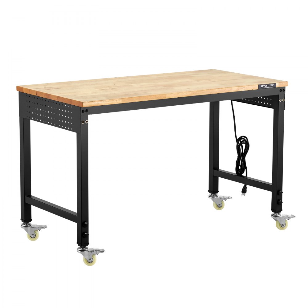 VEVOR 1219 mm Adjustable Workbench, 907 kg Load, Work Bench with Power Outlet, Wheels, and Pegboard, Heavy Duty Oak Wood Top Work Table for Garage, Workshop, Office, and Home