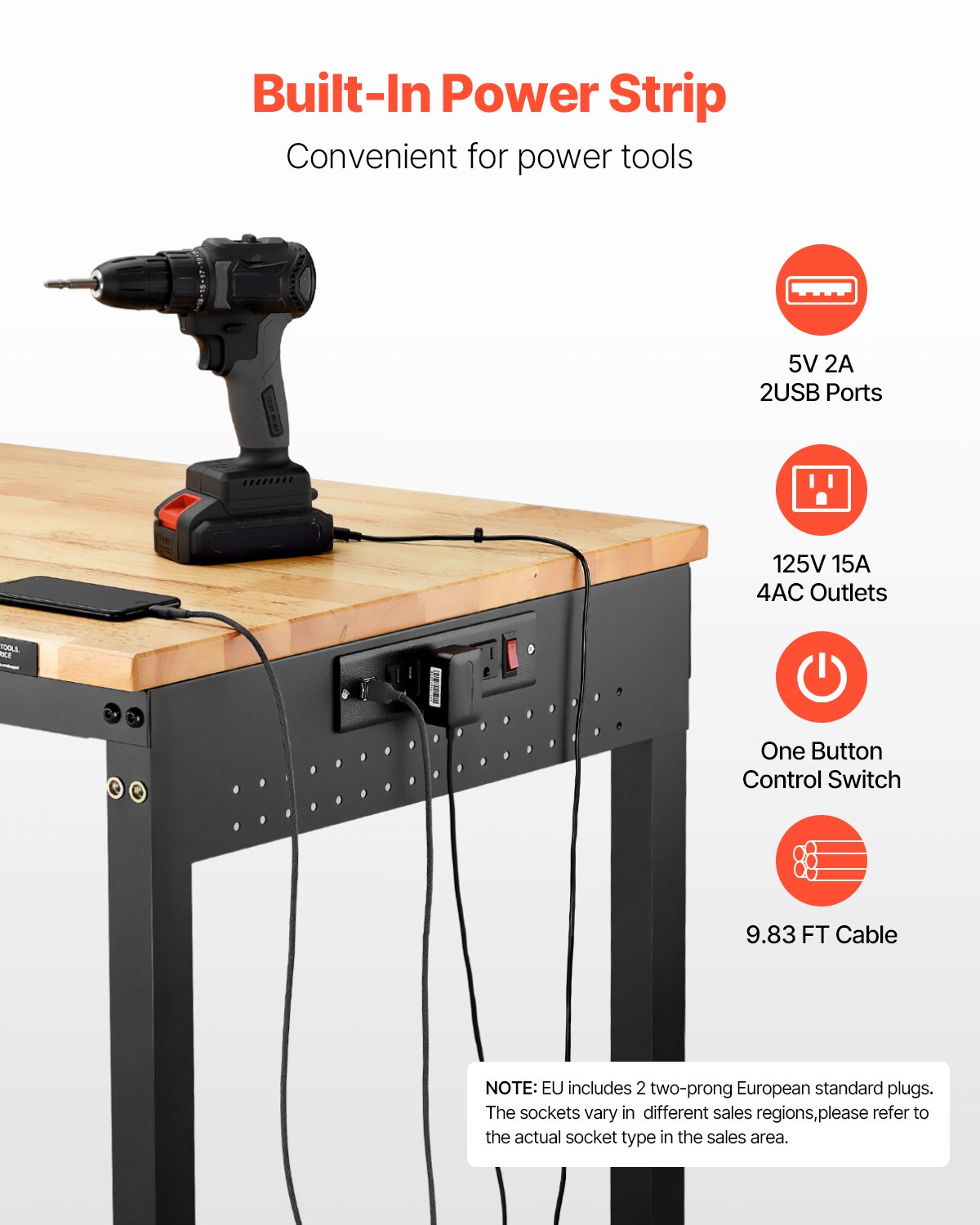 VEVOR 1219 mm Adjustable Workbench, 907 kg Load, Work Bench with Power Outlet, Wheels, and Pegboard, Heavy Duty Oak Wood Top Work Table for Garage, Workshop, Office, and Home