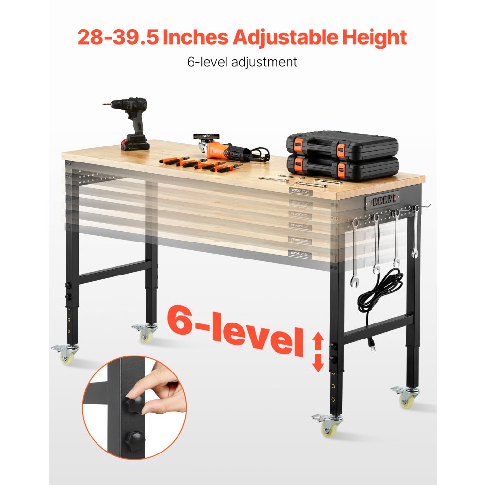 VEVOR 1524 mm Adjustable Workbench, 907 kg Load, Work Bench with Power Outlet, Wheels, and Pegboard, Heavy Duty Oak Wood Top Work Table for Garage, Workshop, Office, and Home