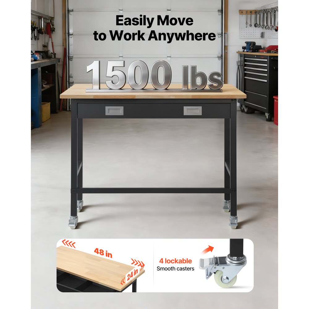 VEVOR Banco da Lavoro 1220x610 mm Tavolo da Lavoro Carico 680 kg, Tavolo per Lavorazione da Garage Cassetto Portautensili Attrezzatura Presa di Corrente Ruote Pannello Forato, Banco da Studio Officina