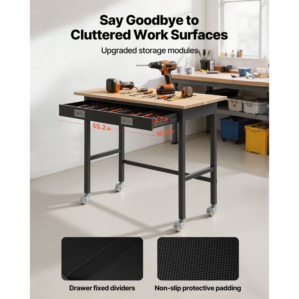 VEVOR Banco da Lavoro 1220x610 mm Tavolo da Lavoro Carico 680 kg, Tavolo per Lavorazione da Garage Cassetto Portautensili Attrezzatura Presa di Corrente Ruote Pannello Forato, Banco da Studio Officina