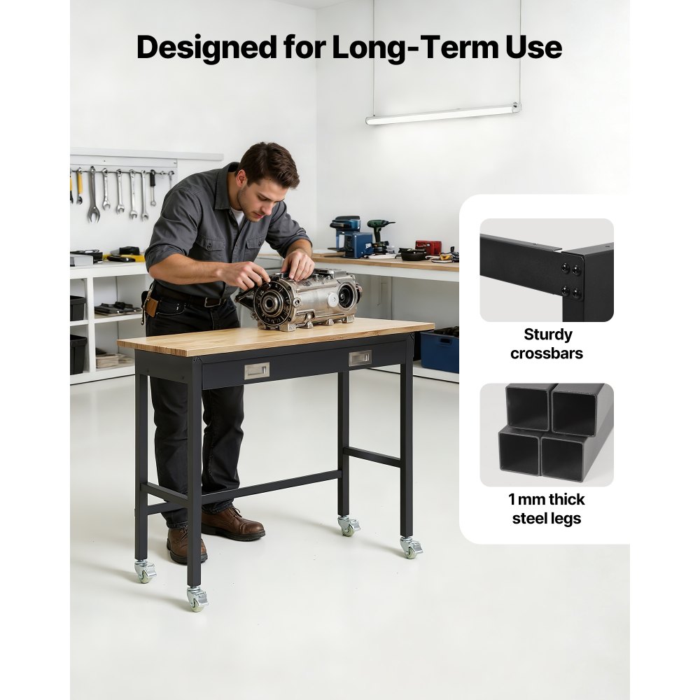 VEVOR Banco da Lavoro 1220x610 mm Tavolo da Lavoro Carico 680 kg, Tavolo per Lavorazione da Garage Cassetto Portautensili Attrezzatura Presa di Corrente Ruote Pannello Forato, Banco da Studio Officina