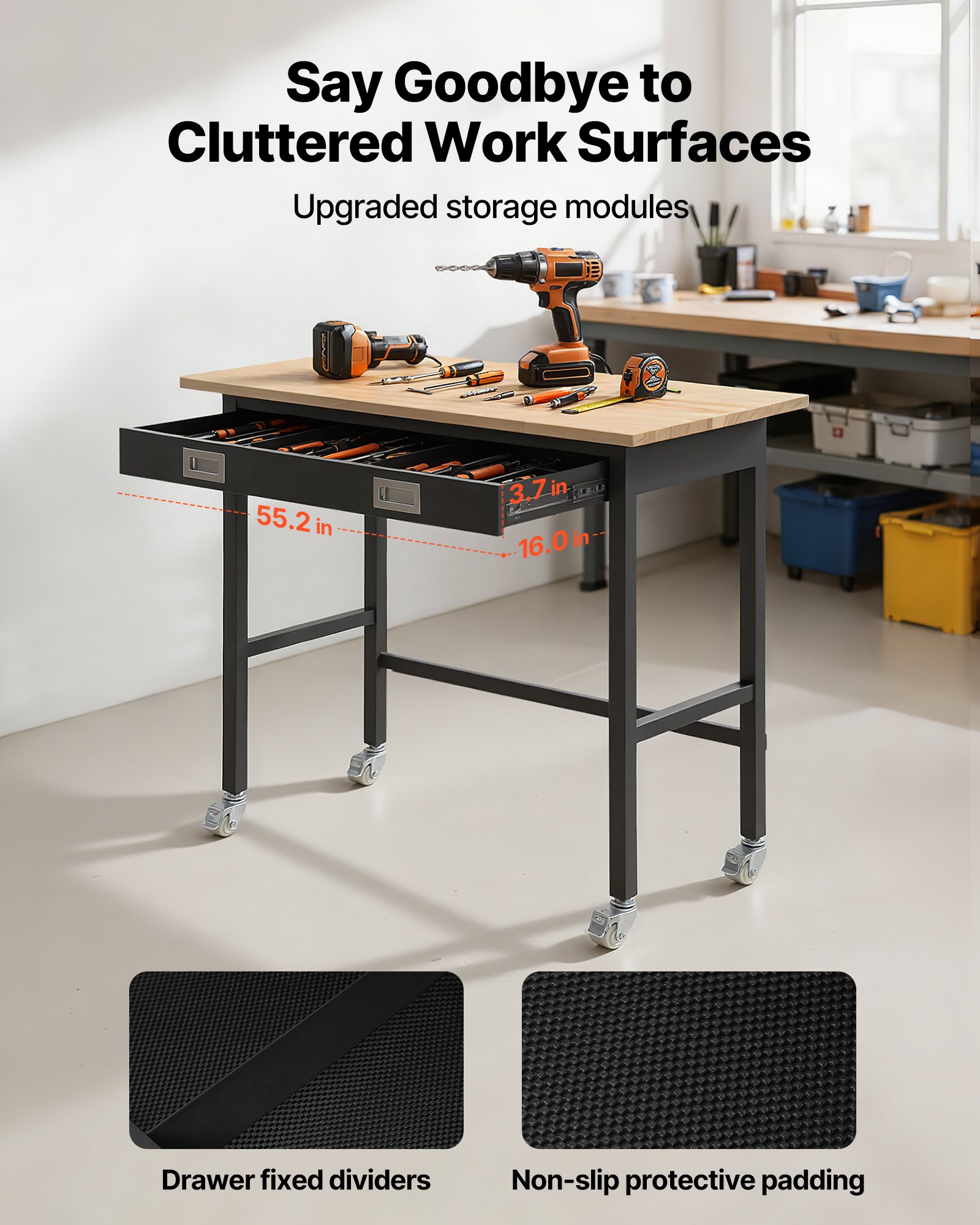 VEVOR Banco da Lavoro 1220x610 mm Tavolo da Lavoro Carico 680 kg, Tavolo per Lavorazione da Garage Cassetto Portautensili Attrezzatura Presa di Corrente Ruote Pannello Forato, Banco da Studio Officina