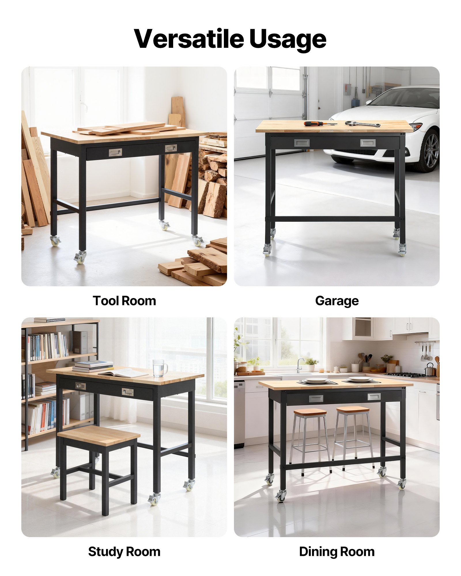 VEVOR Banco da Lavoro 1220x610 mm Tavolo da Lavoro Carico 680 kg, Tavolo per Lavorazione da Garage Cassetto Portautensili Attrezzatura Presa di Corrente Ruote Pannello Forato, Banco da Studio Officina