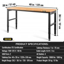 VEVOR Banco da Lavoro 1220 x 508 mm Regolabile in Altezza con Presa di Corrente