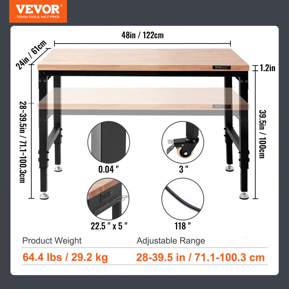 VEVOR Banco da Lavoro Regolabile con Ruote Dimensioni Piano 1219 x 610 mm Altezza Regolabile 71,1-100,3 cm Carico max. 907kg, Tavolo con Prese di Corrente Piano in Legno per Ufficio, Casa, Garage