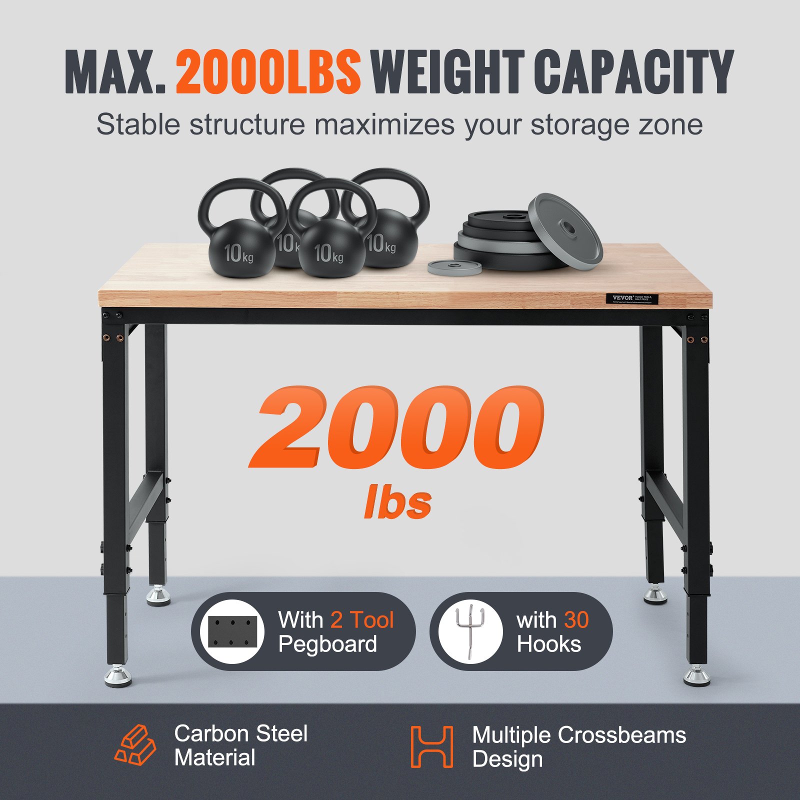 VEVOR Banco da Lavoro Regolabile con Ruote Dimensioni Piano 1219 x 610 mm Altezza Regolabile 71,1-100,3 cm Carico max. 907kg, Tavolo con Prese di Corrente Piano in Legno per Ufficio, Casa, Garage