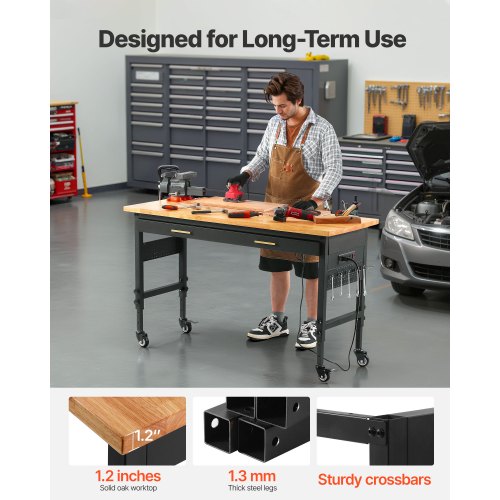 VEVOR Banco da Lavoro Regolabile con Ruote Presa di Corrente Cassetti 1524 mm