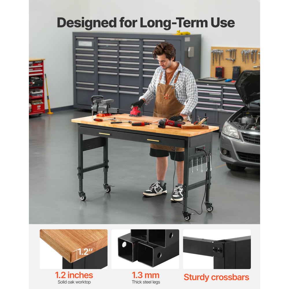 VEVOR Banco da Lavoro Regolabile 1524 mm, Tavolo da Lavoro con Presa di Corrente, Tavolo Lavoro con Ruote Pannello Forato Carico 680 kg con Piano in Legno di Quercia per Garage, Officina, Ufficio Casa