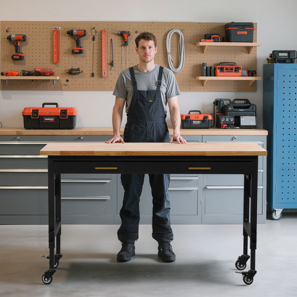 VEVOR Banco da Lavoro Regolabile 1524 mm, Tavolo da Lavoro con Presa di Corrente, Tavolo Lavoro con Ruote Pannello Forato Carico 680 kg con Piano in Legno di Quercia per Garage, Officina, Ufficio Casa
