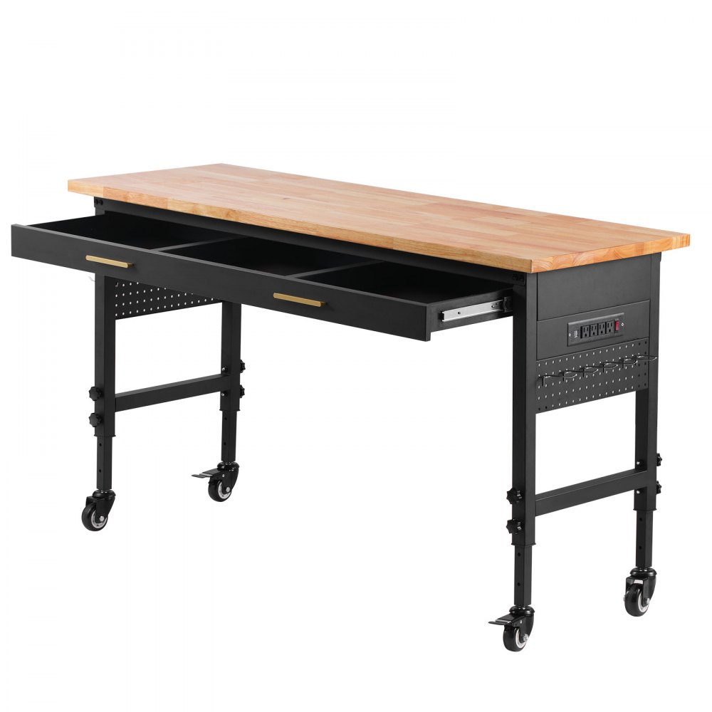 VEVOR Banco da Lavoro Regolabile 1524 mm, Tavolo da Lavoro con Presa di Corrente, Tavolo Lavoro con Ruote Pannello Forato Carico 680 kg con Piano in Legno di Quercia per Garage, Officina, Ufficio Casa