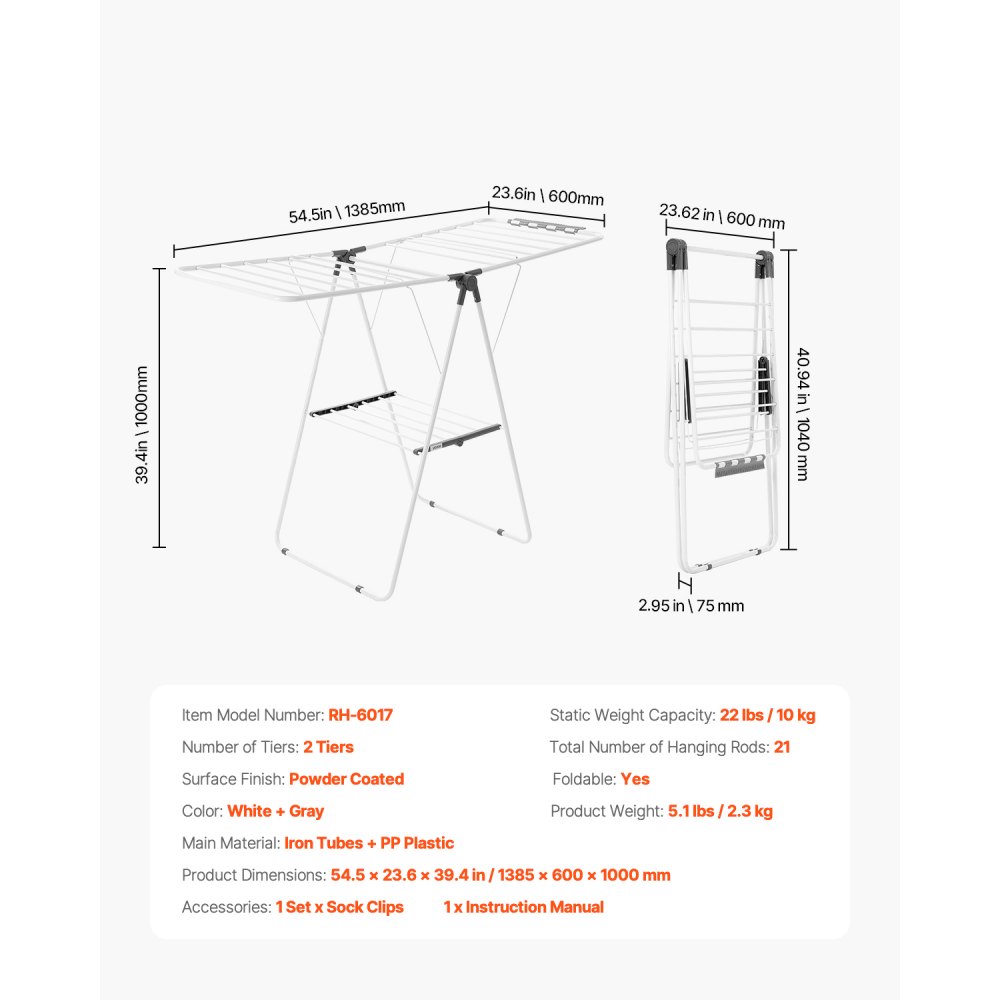VEVOR Clothes Airer (2-Tier & Foldable) with Sock Clips & 21 Drying Bars, Height-Adjustable Metal Drying Rack, Freestanding & Space-Saving Clothes Hanger for Laundry Rooms, Balconies