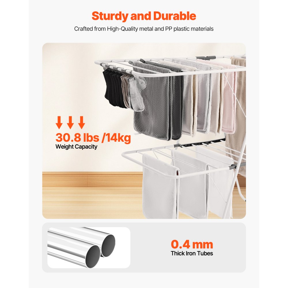 VEVOR Clothes Airer (2-Tier & Foldable) with Sock Clips & 31 Drying Bars, Height-Adjustable Metal Drying Rack, Freestanding & Space-Saving Clothes Hanger for Laundry Rooms, Balconies