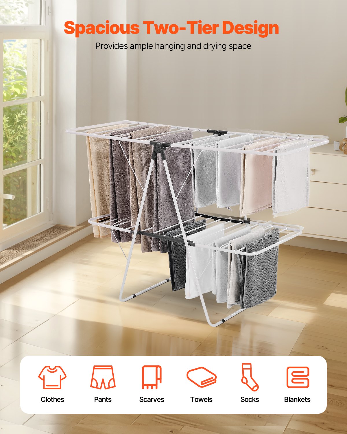 VEVOR Clothes Airer (2-Tier & Foldable) with Sock Clips & 31 Drying Bars, Height-Adjustable Metal Drying Rack, Freestanding & Space-Saving Clothes Hanger for Laundry Rooms, Balconies