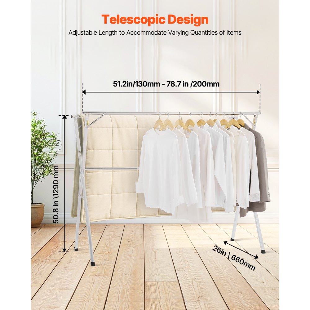 VEVOR Stendibiancheria Telescopico a 2 Livelli, Stendibiancheria in Acciaio Inox con 30 Fori Antivento e 2 Ganci per Scarpe, Appendiabiti Indipendente e Portatile per Uso Esterno e Interno