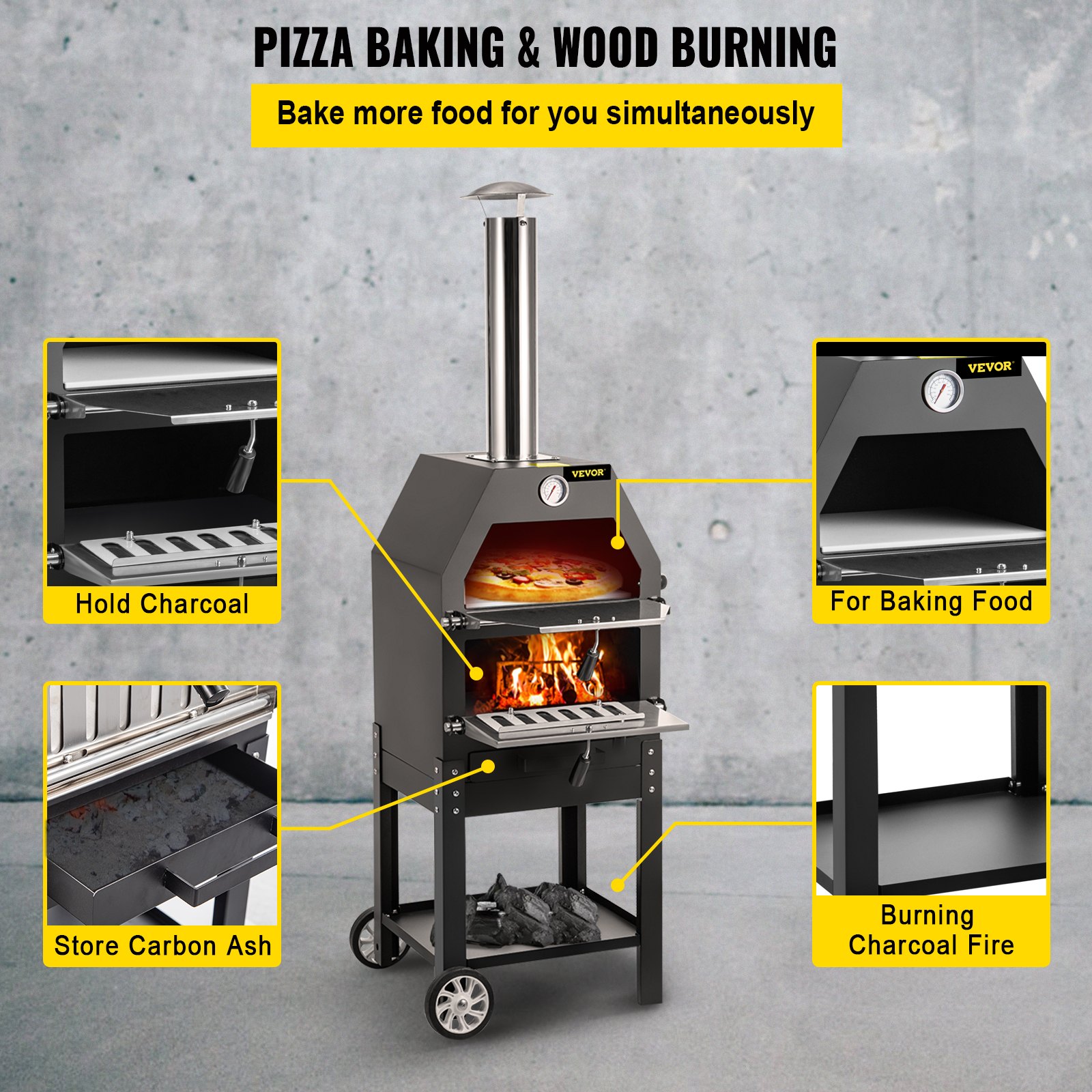 VEVOR Forno a Legna Portatile per Pizza Barbecue da Esterno, Forno a Legna per Pizza da Esterno con Pietra e Canna Fumaria di Facile Spostamento, Forno a Legna Forno a Carbonella per Pizza da Esterno