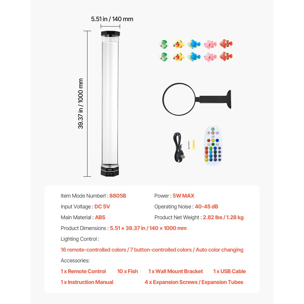 VEVOR Lampada a Tubo a Bolle da 1000 mm 10 Pesci Galleggianti e 16 Effetti di Colore, Lampada Sensoriale a Bolle con Telecomando, Luce Calmante Antistress per Camera da Letto e Arredamento per Casa