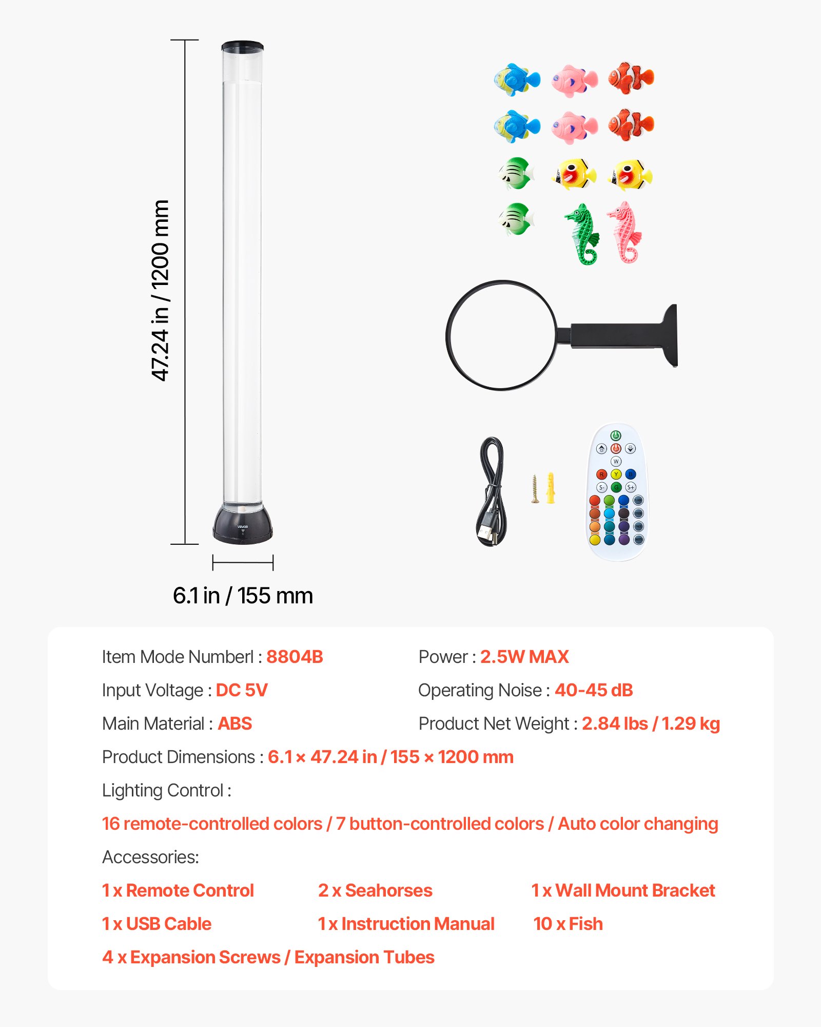 VEVOR Lampada a Tubo a Bolle da 1200 mm 10 Pesci Galleggianti e 16 Effetti di Colore, Lampada Sensoriale a Bolle con Telecomando, Luce Calmante Antistress per Camera da Letto e Arredamento per Casa