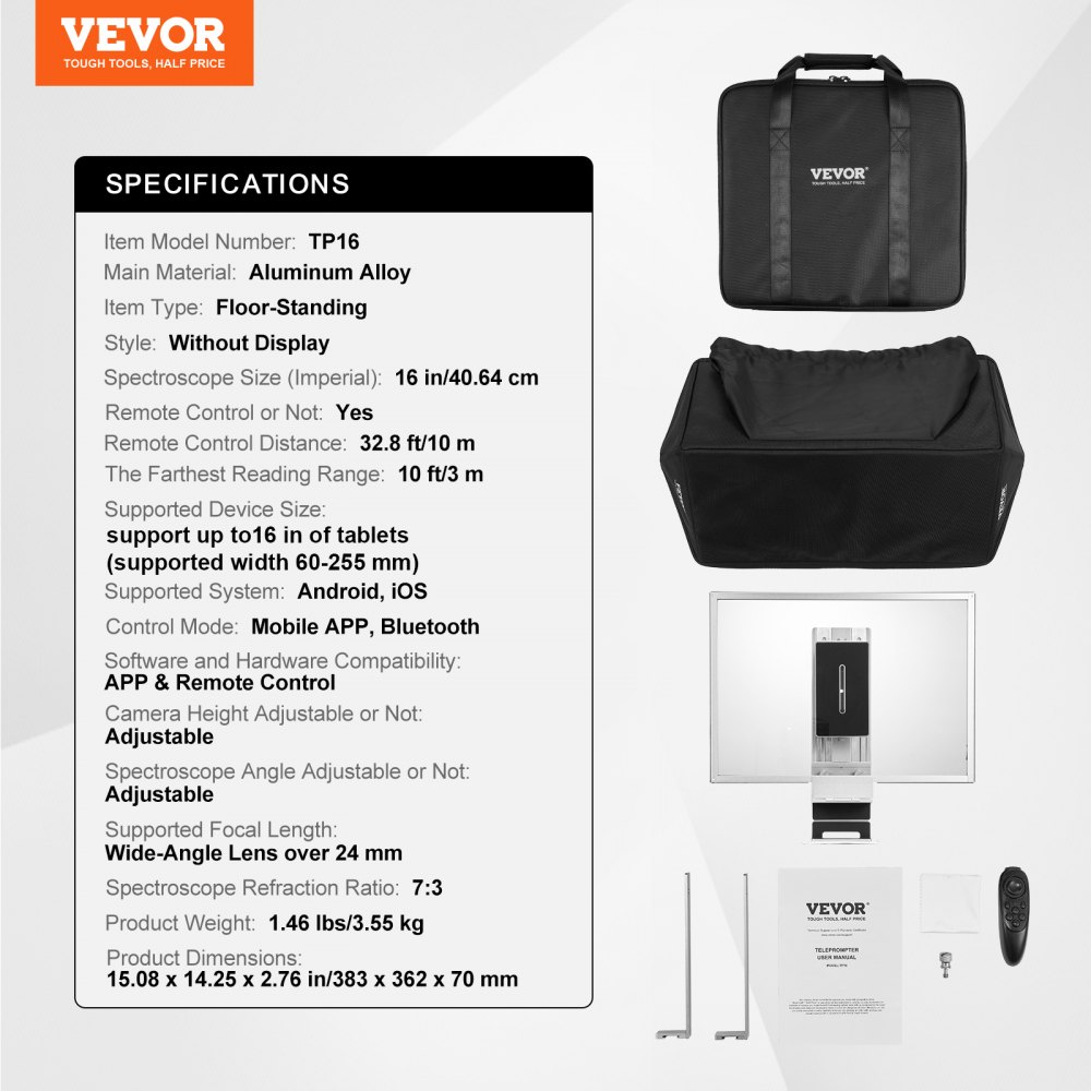 VEVOR Teleprompter, 16" aluminum alloy, stand unit, with adjustable angle spectroscope, remote control, compatible with iOS/Android, for camera, tablet, smartphone, video recording/live streaming