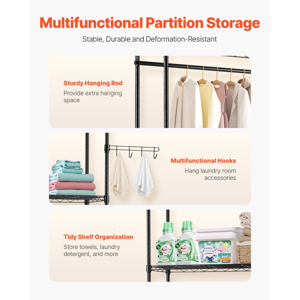 VEVOR Storage Shelving for Washing Machine and Dryer, 6-Tier Clothes Rack with Clothes Rail & Hooks, Double-Row & Adjustable Washing Machine Shelves for Storage and Organization, Black