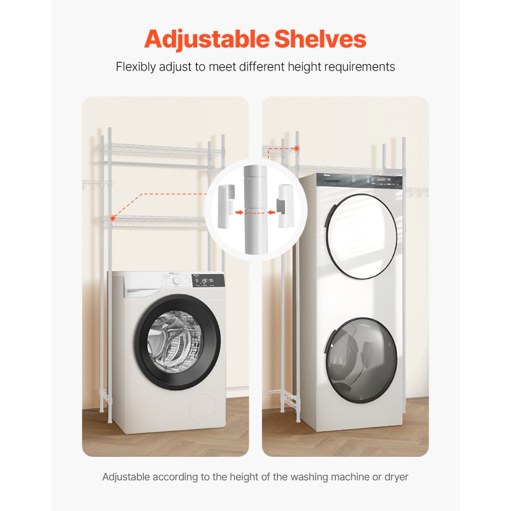 VEVOR Storage Shelving for Washing Machine and Dryer, 4-Tier Clothes Rack with Clothes Rail and Hooks, Double-Row Adjustable Washing Machine Shelves, for Storage and Organization, White