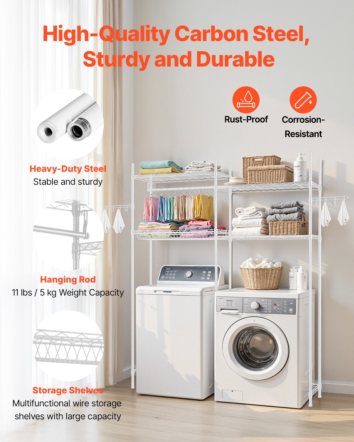 VEVOR Storage Shelving for Washing Machine and Dryer, 4-Tier Clothes Rack with Clothes Rail and Hooks, Double-Row Adjustable Washing Machine Shelves, for Storage and Organization, White