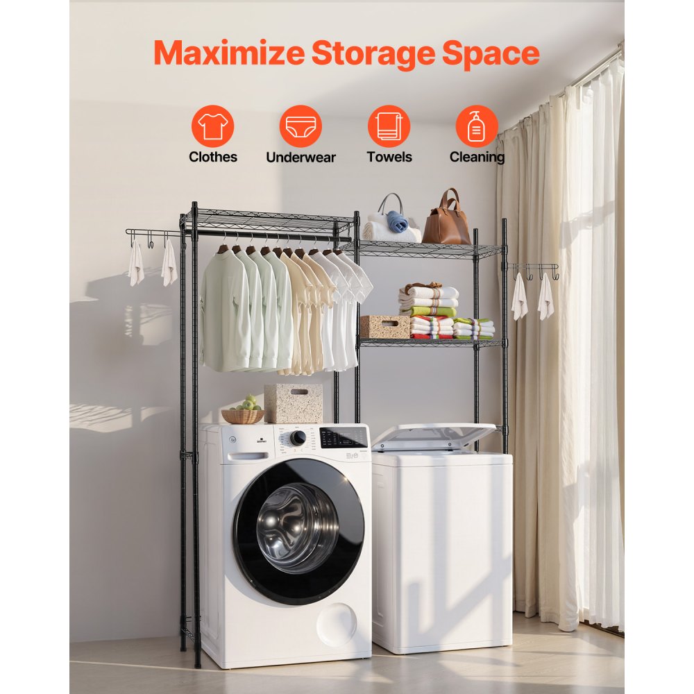 VEVOR Storage Shelving for Washing Machine and Dryer, 5-Tier Clothes Rack with Clothes Rail & Hooks, Double-Row & Adjustable Washing Machine Shelves for Storage and Organization, Black