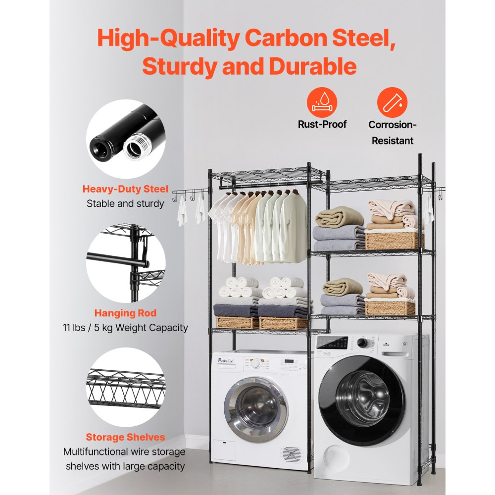 VEVOR Storage Shelving for Washing Machine and Dryer, 5-Tier Clothes Rack with Clothes Rail & Hooks, Double-Row & Adjustable Washing Machine Shelves for Storage and Organization, Black