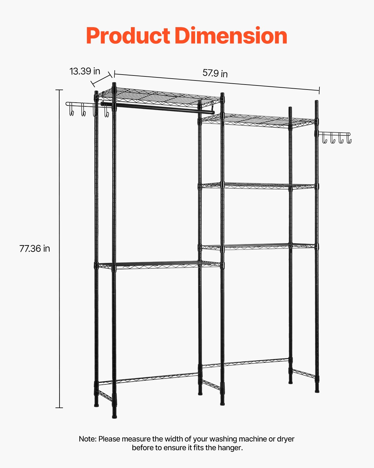 VEVOR Storage Shelving for Washing Machine and Dryer, 5-Tier Clothes Rack with Clothes Rail & Hooks, Double-Row & Adjustable Washing Machine Shelves for Storage and Organization, Black