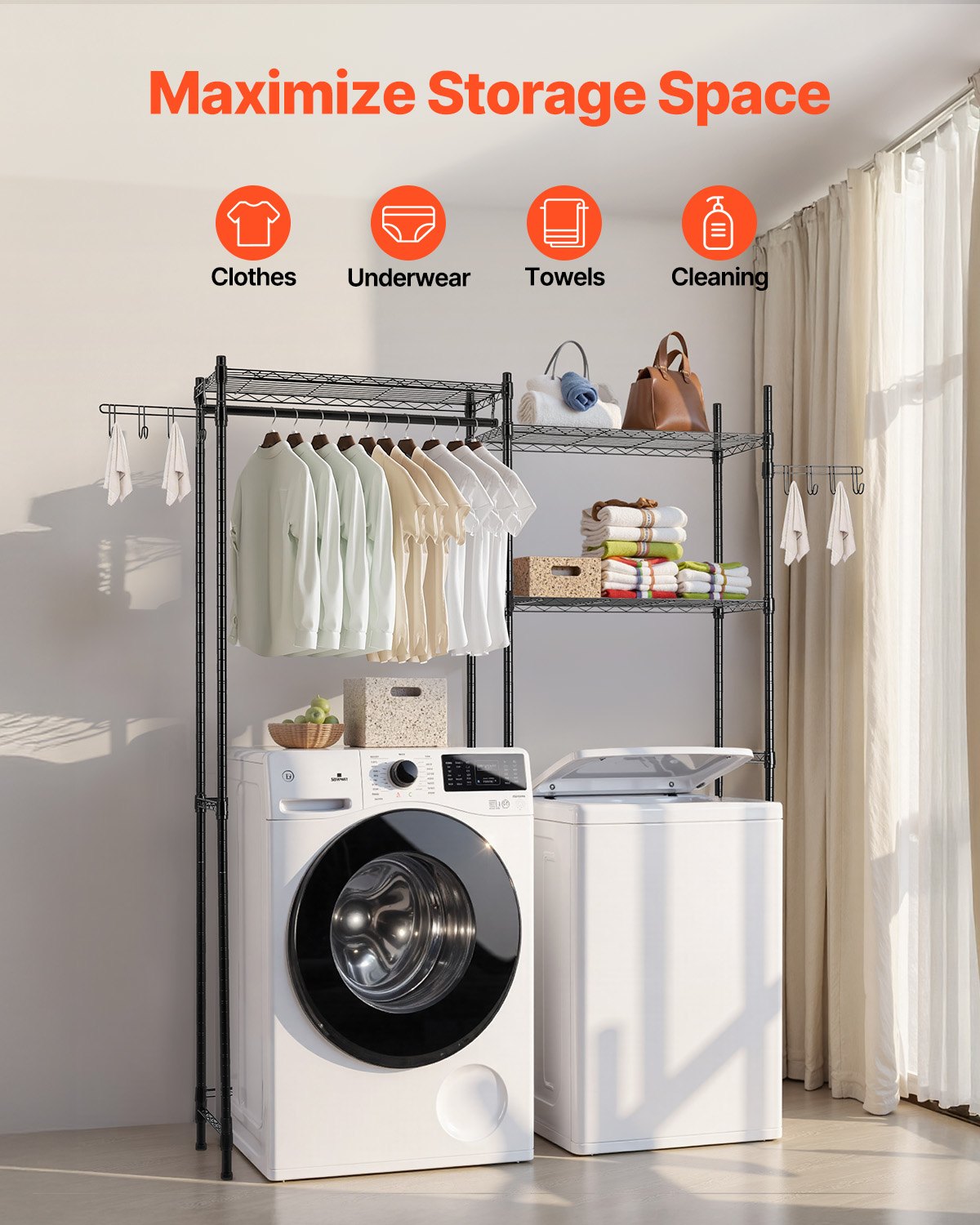 VEVOR Storage Shelving for Washing Machine and Dryer, 5-Tier Clothes Rack with Clothes Rail & Hooks, Double-Row & Adjustable Washing Machine Shelves for Storage and Organization, Black