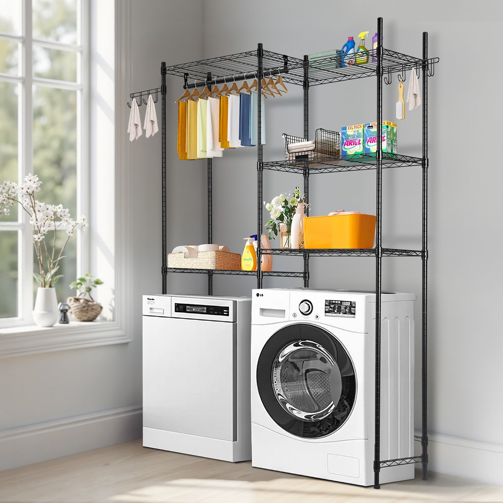 VEVOR Storage Shelving for Washing Machine and Dryer, 5-Tier Clothes Rack with Clothes Rail & Hooks, Double-Row & Adjustable Washing Machine Shelves for Storage and Organization, Black