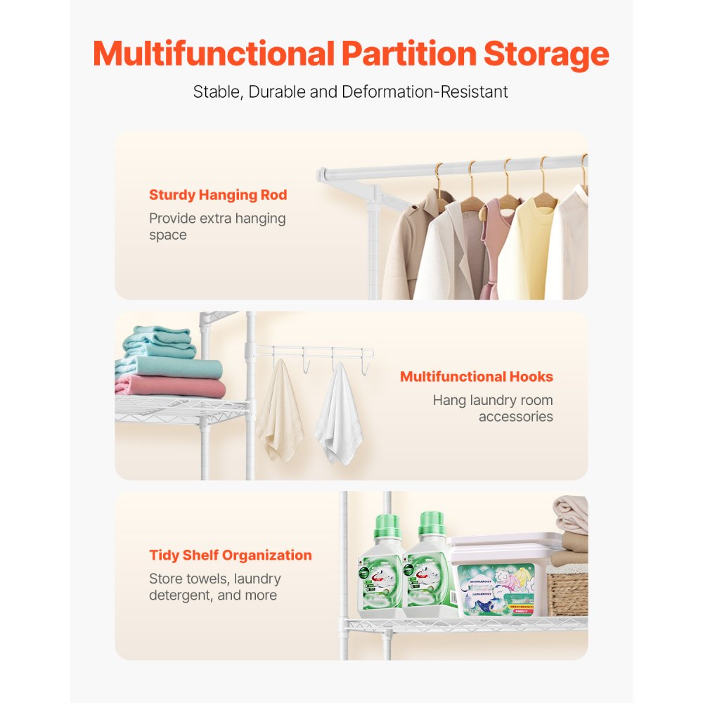 VEVOR Ripiano Portaoggetti Sopra Lavatrice e Asciugatrice, Stendibiancheria a 3 Ripiani con Asta Appendiabiti e Ganci, per Regolabili a Fila Singola, per Riporre e Organizzare, Bianco