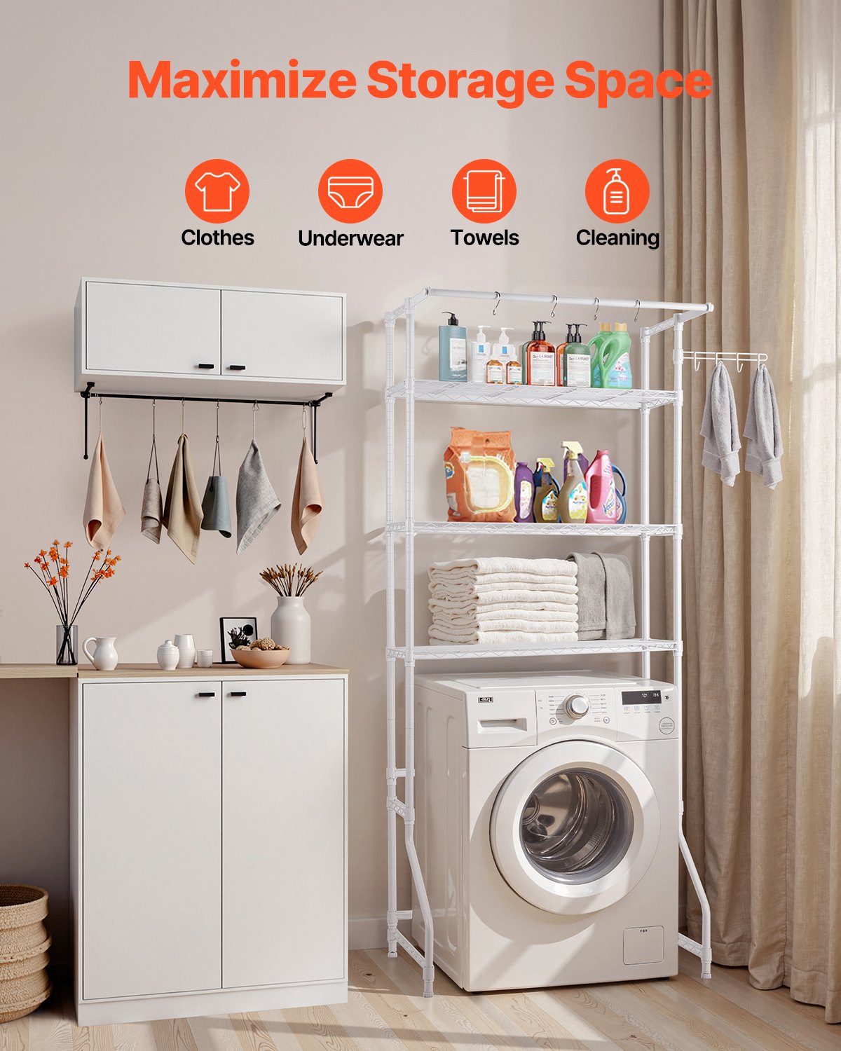 VEVOR Storage Rack for Washing Machine and Dryer, 3-Tier Clothes Rack with Clothes Rail and Hooks, Single-Row Adjustable Washing Machine Shelves, for Storage and Organization, White