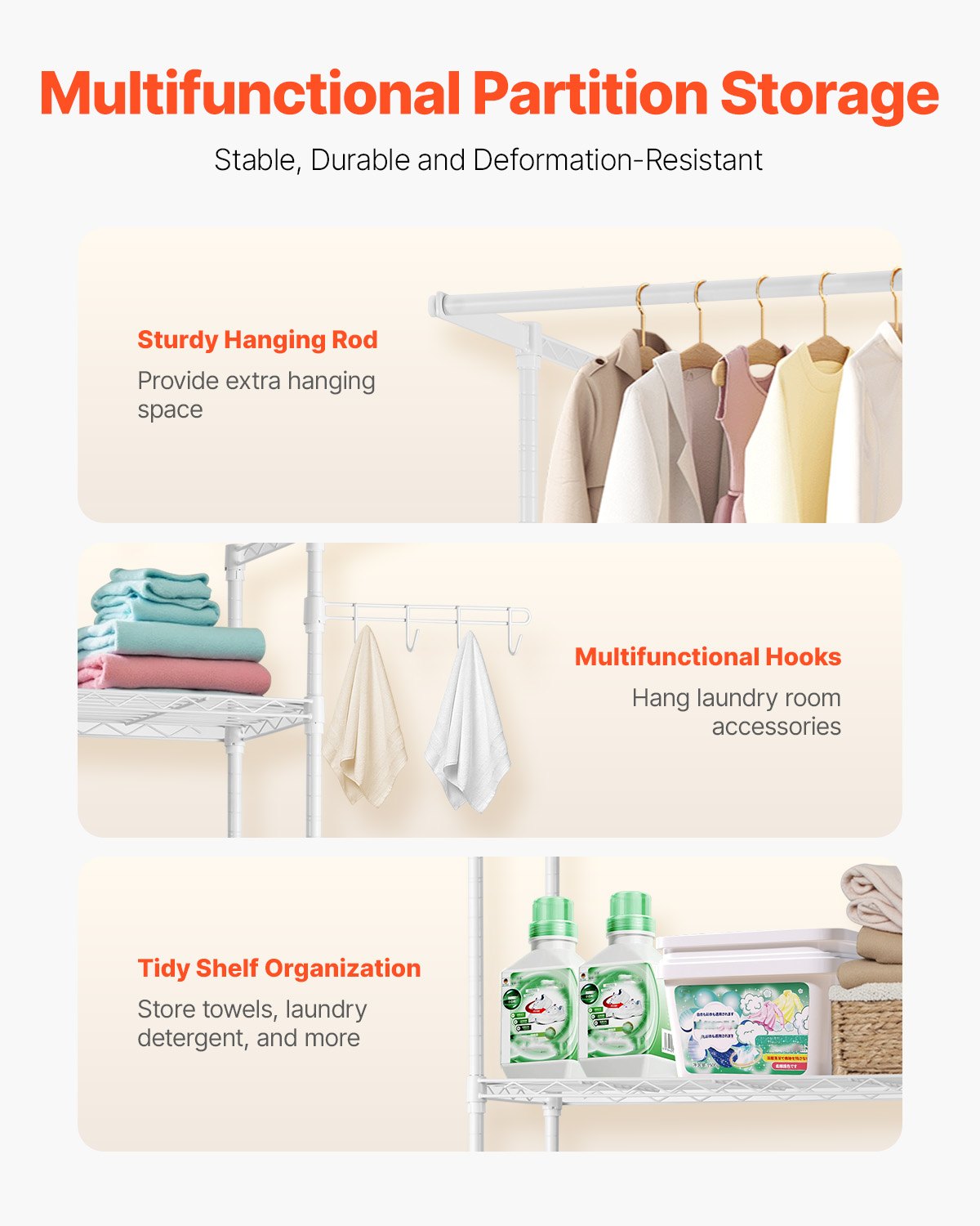 VEVOR Storage Rack for Washing Machine and Dryer, 3-Tier Clothes Rack with Clothes Rail and Hooks, Single-Row Adjustable Washing Machine Shelves, for Storage and Organization, White