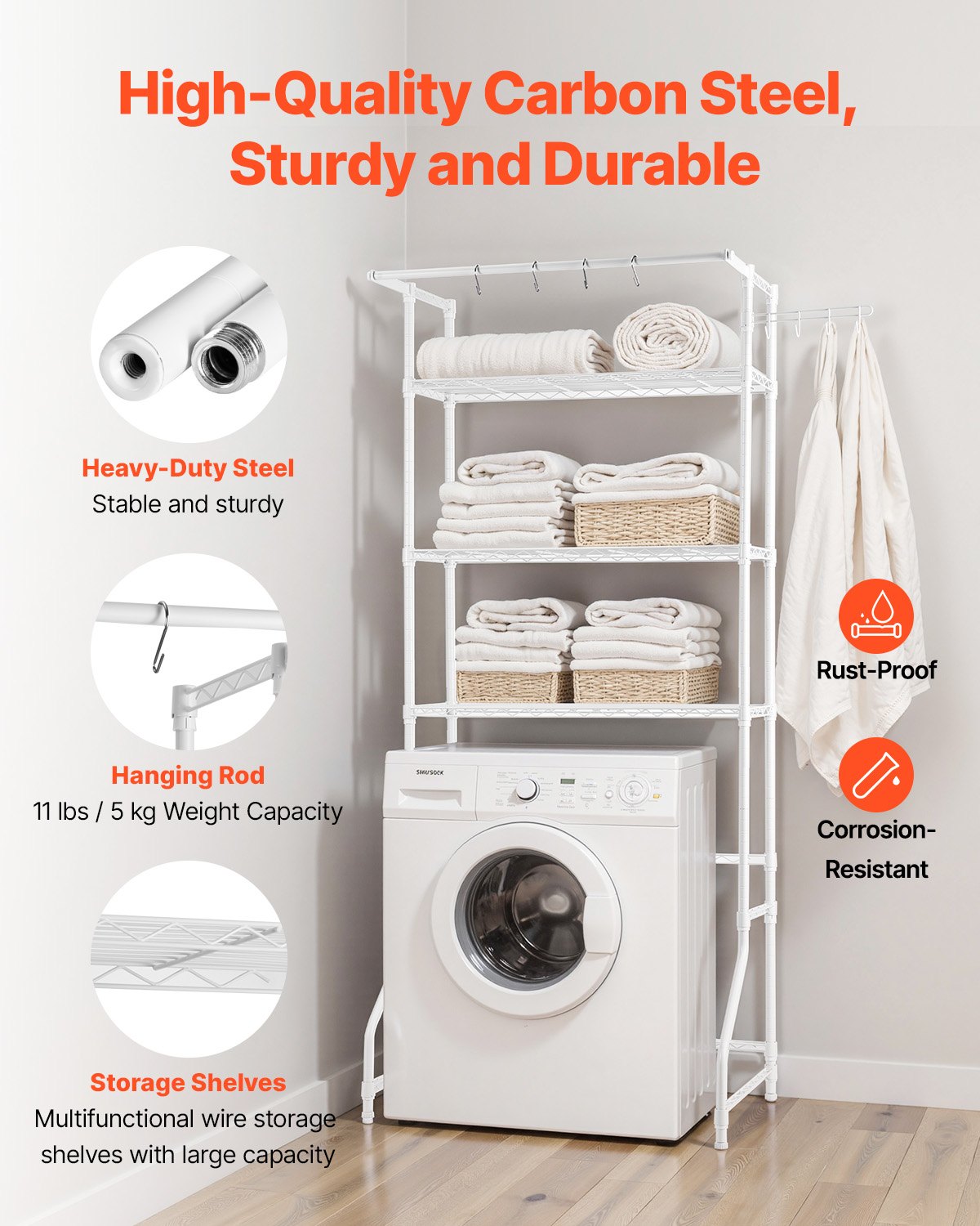 VEVOR Storage Rack for Washing Machine and Dryer, 3-Tier Clothes Rack with Clothes Rail and Hooks, Single-Row Adjustable Washing Machine Shelves, for Storage and Organization, White