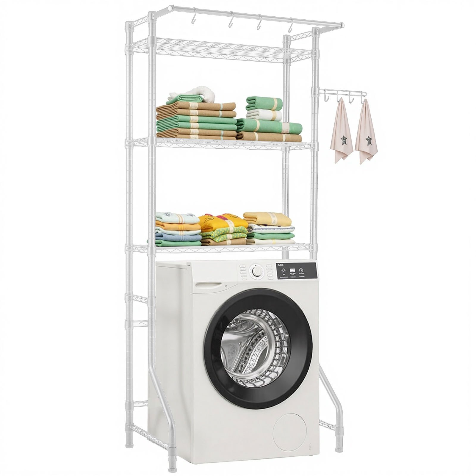 VEVOR Storage Rack for Washing Machine and Dryer, 3-Tier Clothes Rack with Clothes Rail and Hooks, Single-Row Adjustable Washing Machine Shelves, for Storage and Organization, White