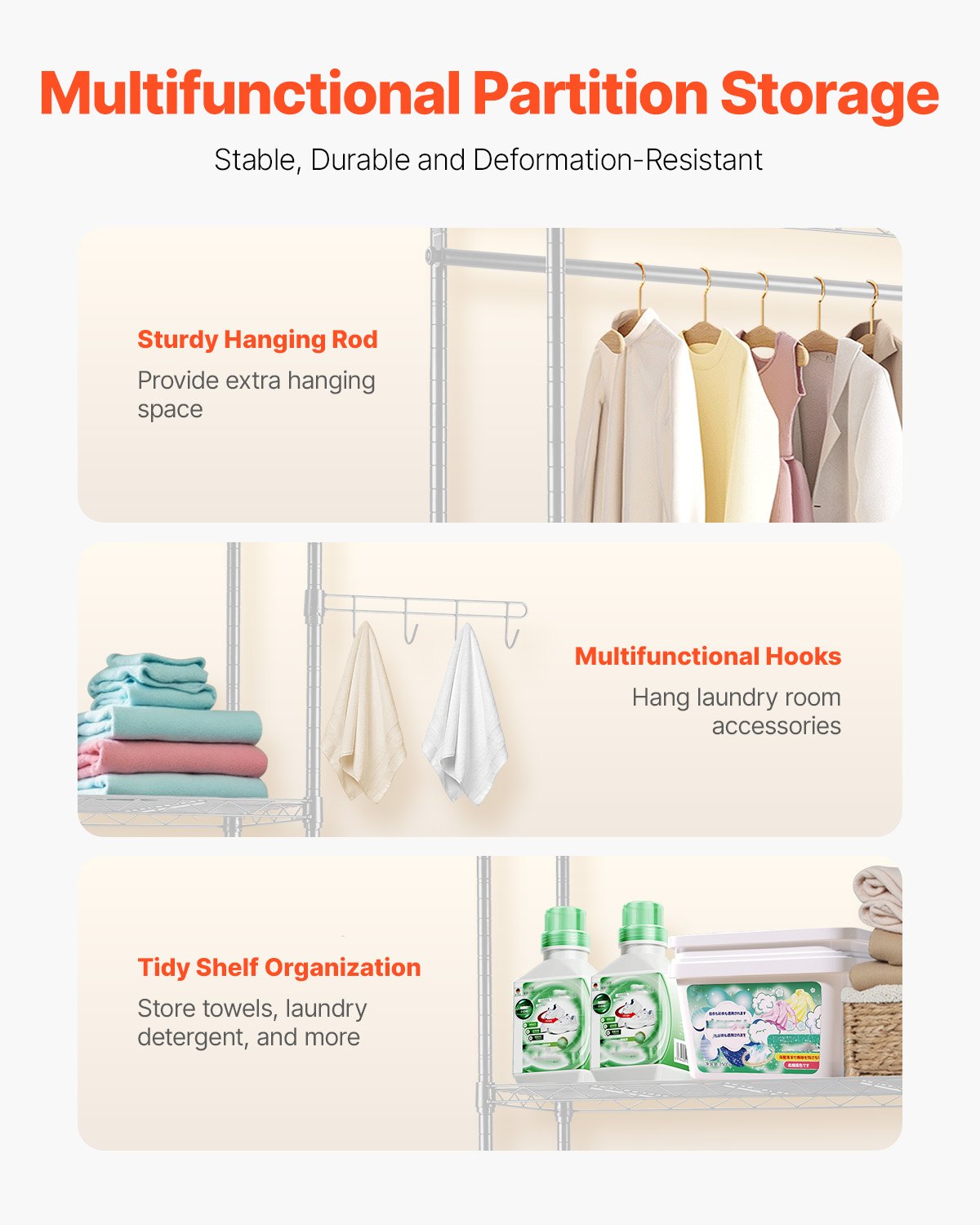 VEVOR Storage Shelving for Washing Machine and Dryer, 5-Tier Clothes Rack with Clothes Rail & Hooks, Double-Row & Adjustable Washing Machine Shelves for Storage and Organization, White