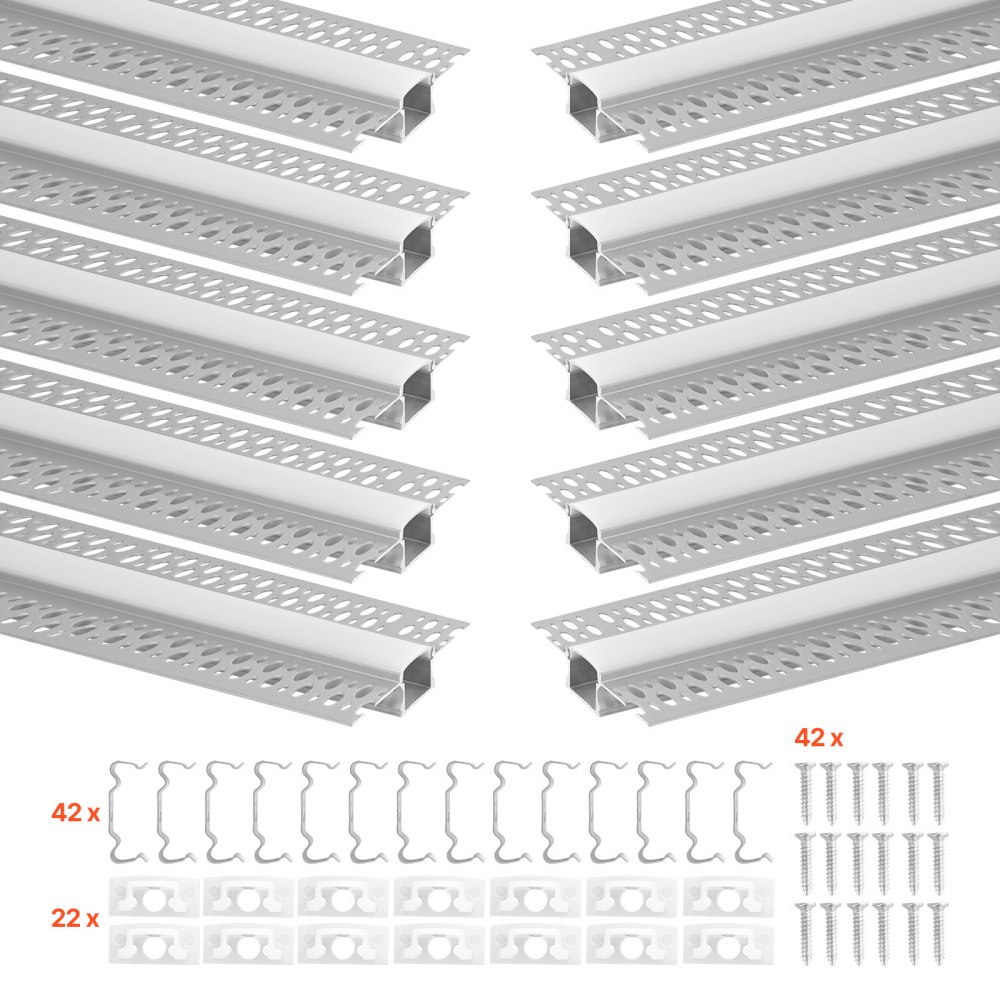 VEVOR Set di Profili per Strisce LED in Alluminio 10 pezzi da Incasso Lunghezza 2 m, Confezione 10 Canali per Luci LED per Cartongesso Illuminazione da Parete Soffitto con Diffusore Bianco