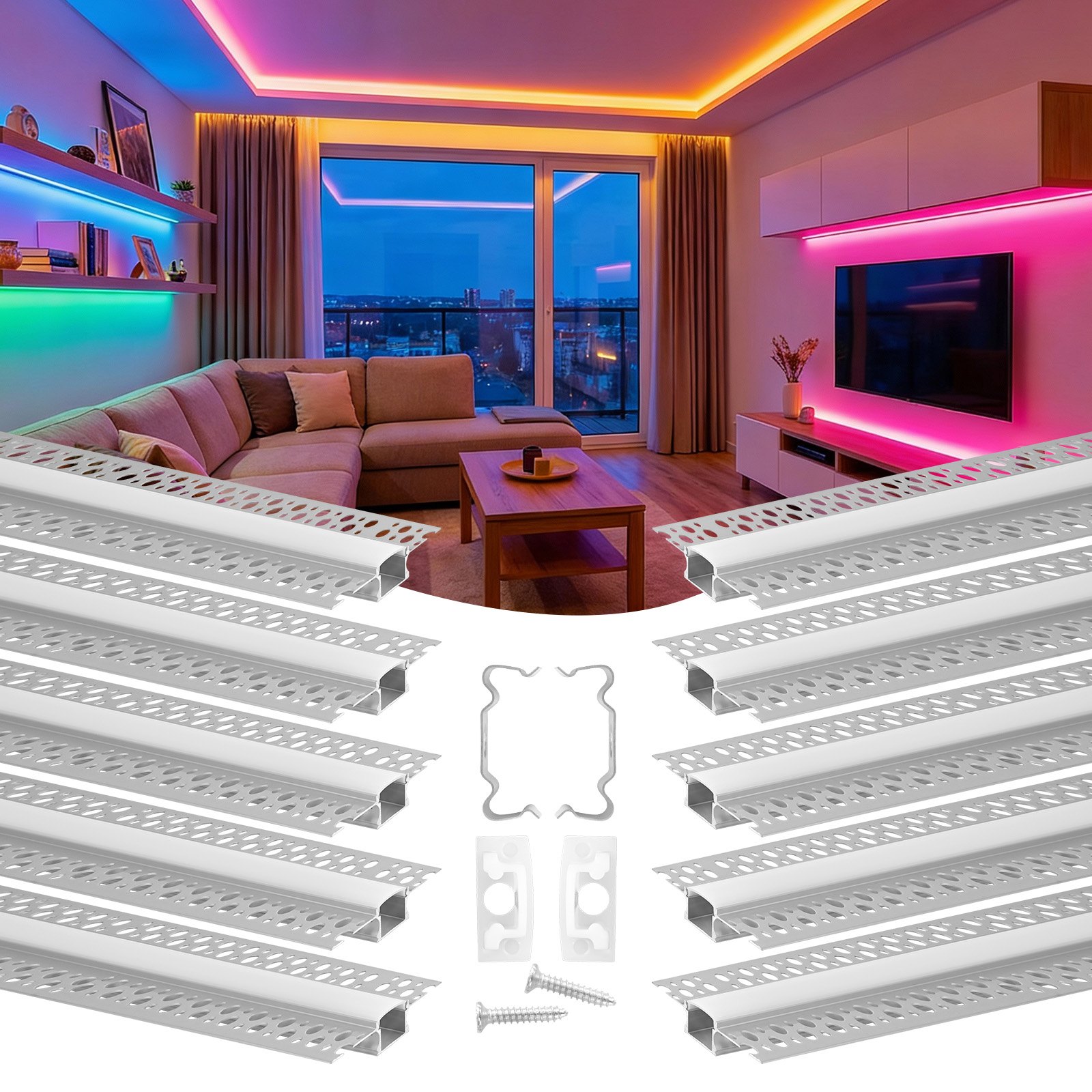 VEVOR Set di Profili per Strisce LED in Alluminio 10 pezzi da Incasso Lunghezza 2 m, Confezione 10 Canali per Luci LED per Cartongesso Illuminazione da Parete Soffitto con Diffusore Bianco