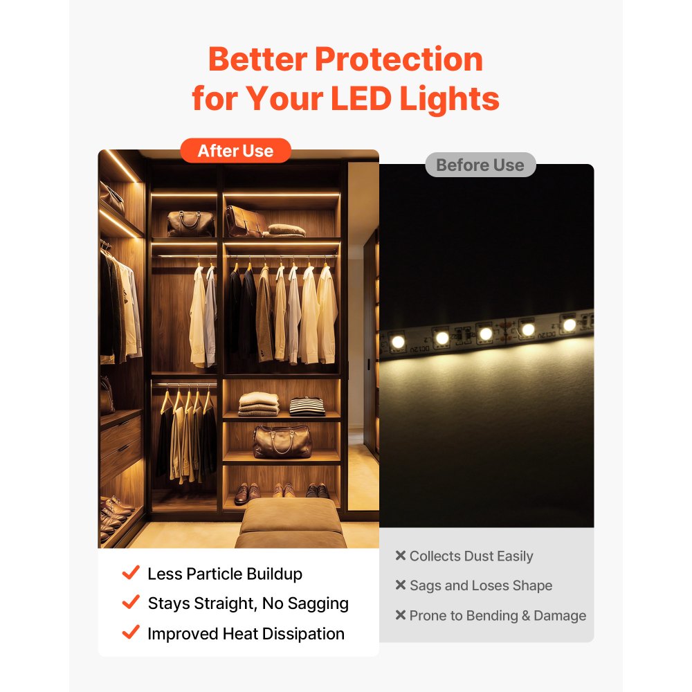 VEVOR Set di Profili per Strisce LED in Alluminio 10 pezzi Lunghezza 2 m, Profili a Forma di U per Strisce LED, Illuminazione Sottopensile Striscia Luci da Cucina, Canali Protezione Luci 2 m