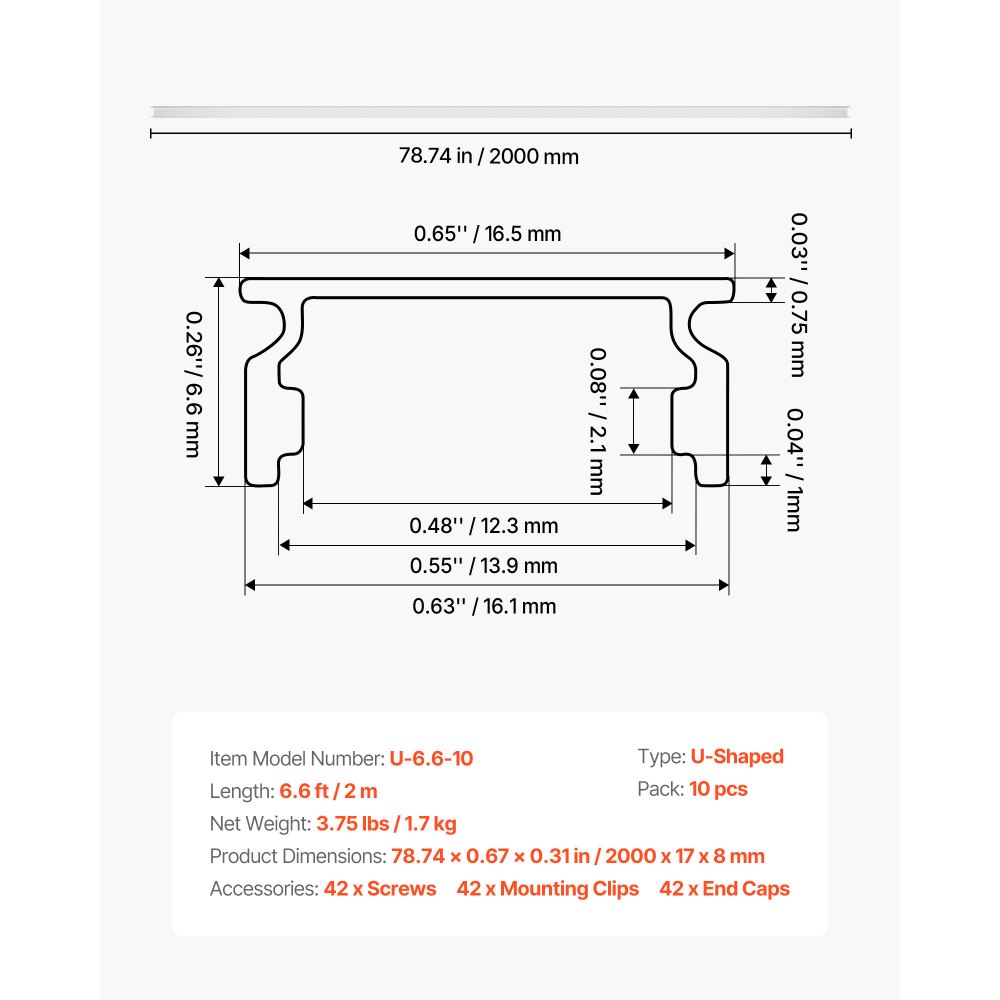 VEVOR Set di Profili per Strisce LED in Alluminio 10 pezzi Lunghezza 2 m, Profili a Forma di U per Strisce LED, Illuminazione Sottopensile Striscia Luci da Cucina, Canali Protezione Luci 2 m
