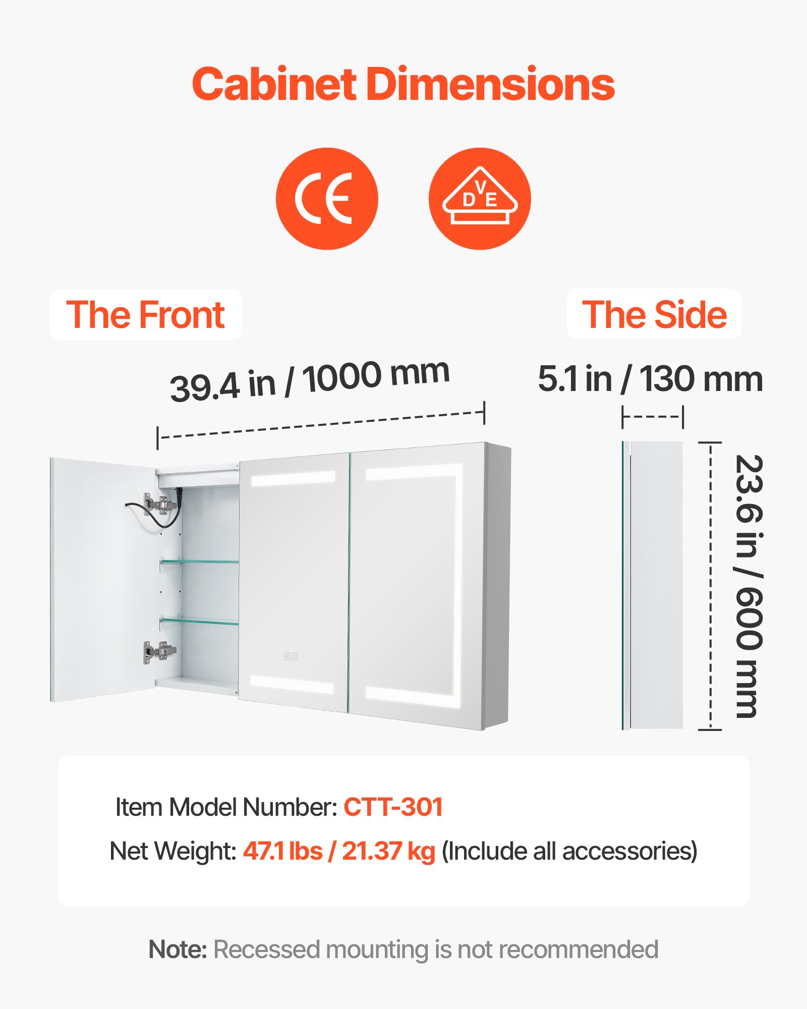 VEVOR Lighted Medicine Cabinet with Mirror, 100 x 60 cm Wall-Mounted, 3 Color Dimmable LED Bathroom Medicine Cabinet with Tempered Glass Mirror, Memory Function/2 Adjustable Shelves/ Outlets & USBs