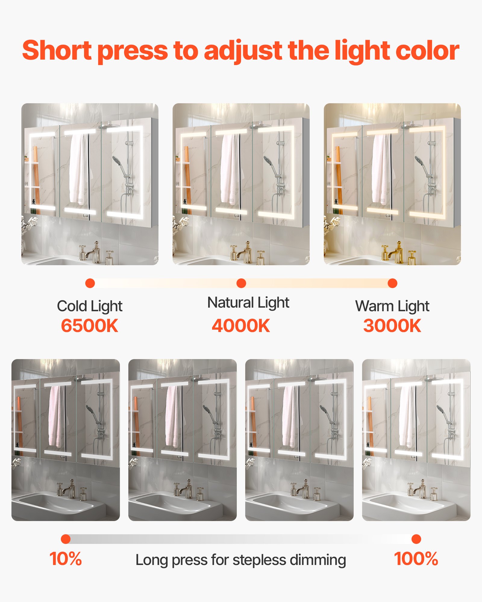 VEVOR Lighted Medicine Cabinet with Mirror, 100 x 60 cm Wall-Mounted, 3 Color Dimmable LED Bathroom Medicine Cabinet with Tempered Glass Mirror, Memory Function/2 Adjustable Shelves/ Outlets & USBs