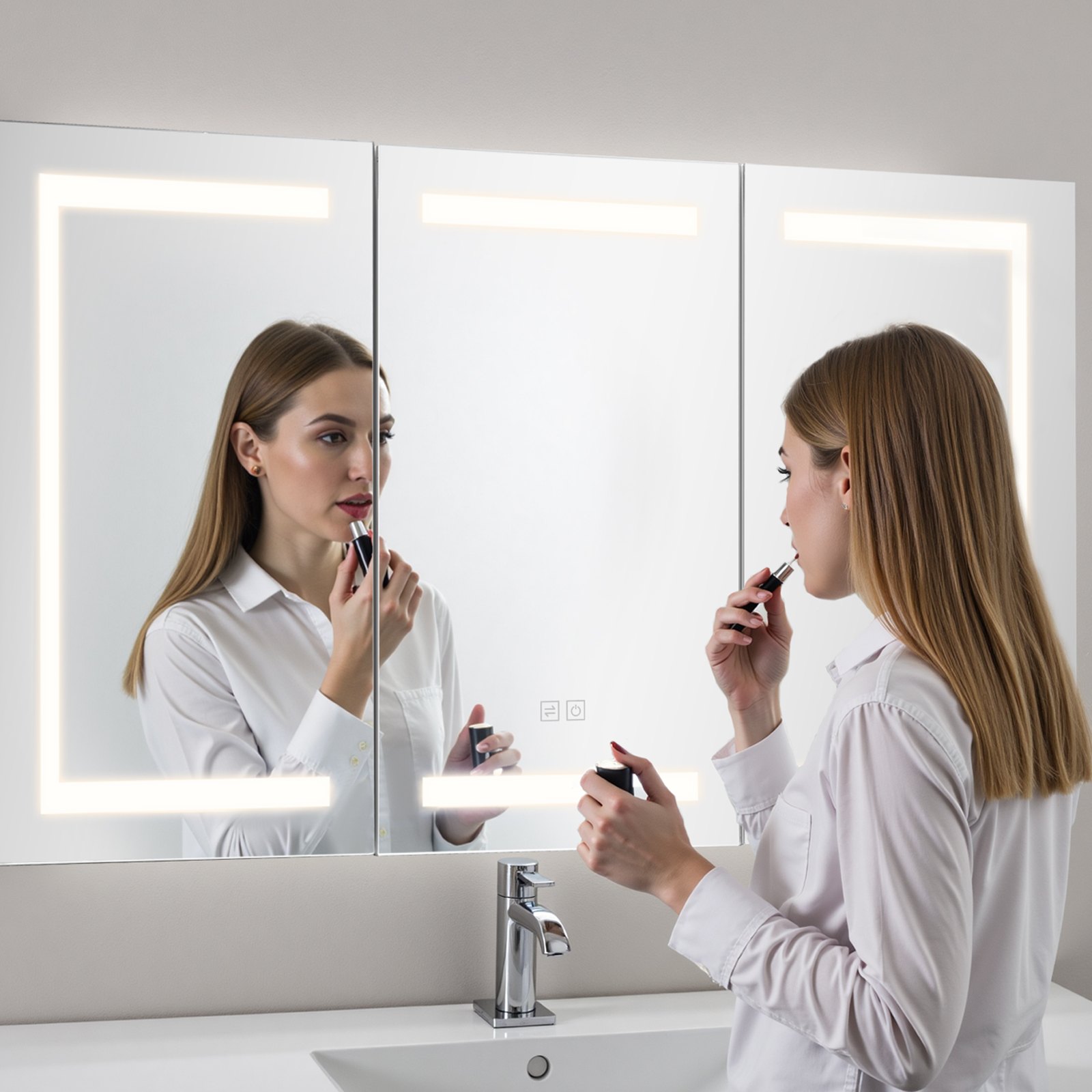 VEVOR Lighted Medicine Cabinet with Mirror, 100 x 60 cm Wall-Mounted, 3 Color Dimmable LED Bathroom Medicine Cabinet with Tempered Glass Mirror, Memory Function/2 Adjustable Shelves/ Outlets & USBs