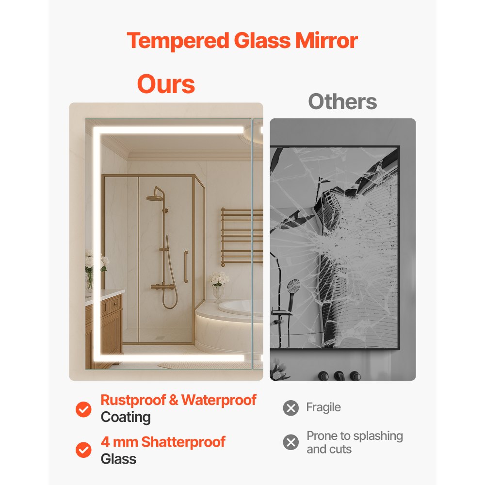 VEVOR Armadietto per Medicinali Illuminato con Specchio 60 x 80 cm da Incasso o da Parete, Mobiletto per Medicinali da Bagno con LED Dimmerabile a 3 Colori, Funzione di Memoria, con Prese USB