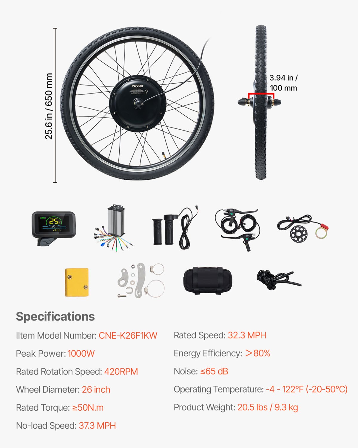 VEVOR Kit Bici Elettrica 1000W, Kit per Mozzo Bici Elettrica Ruota Anteriore 48V 420RPM φ650mm con Regolatore di Velocità, Set di Manopole Acceleratore, Display LCD Sistema PAS per Bici da Strada