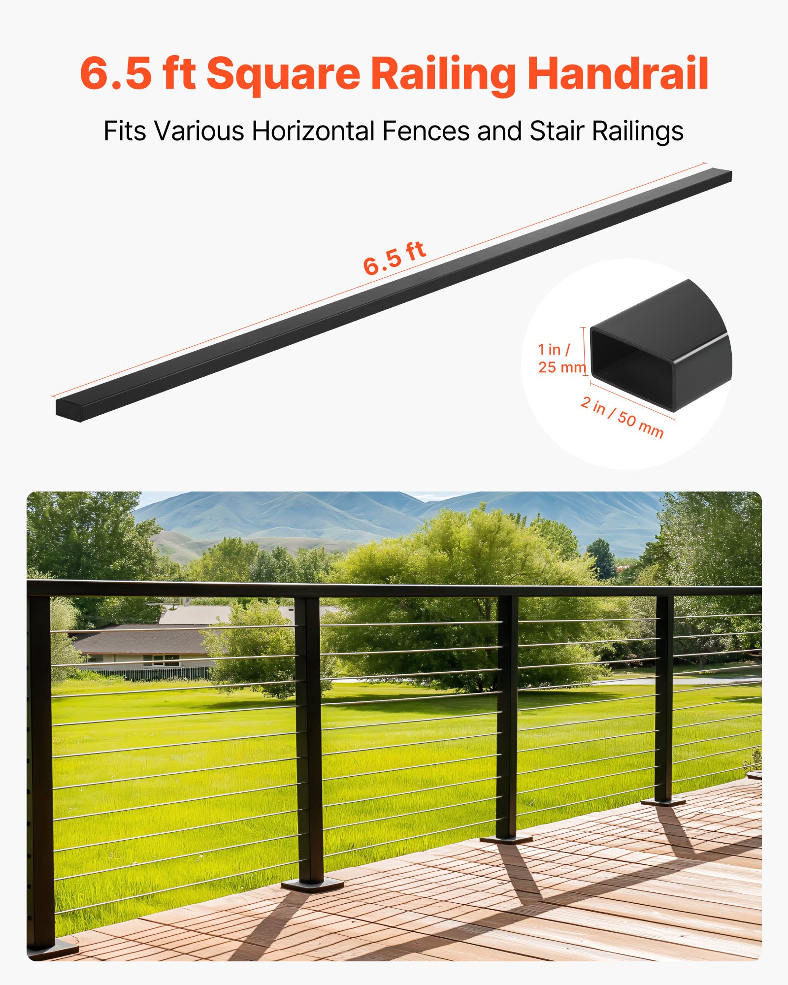 VEVOR Corrimano per Ringhiera del Balcone, Ringhiera per Scale Rettangolare in Acciaio Inossidabile da 198 cm, con Terminali, Rivestimento Nero Opaco, per Corridoi, Scale Interne ed Esterne, Terrazze
